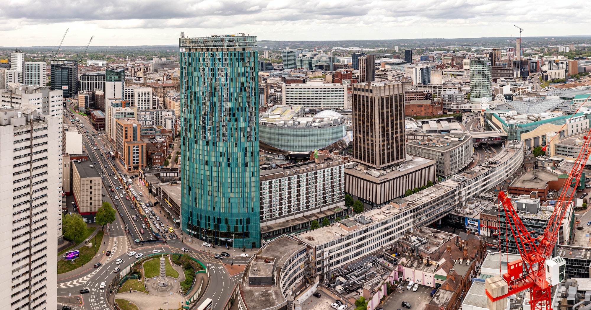 Aerial view of Birmingham cityscape with Radisson Blu hotel in foreground